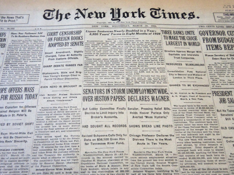 1930 MARCH 19 NEW YORK TIMES - SENATORS IN STORM OVER HUSTON PAPERS - NT 5651