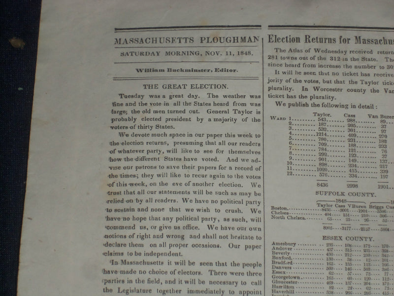 1848 NOVEMBER 11 MASSACHUSETTS PLOUGHMAN - TAYLOR ELECTED- THANKSGIVING- NP 5156