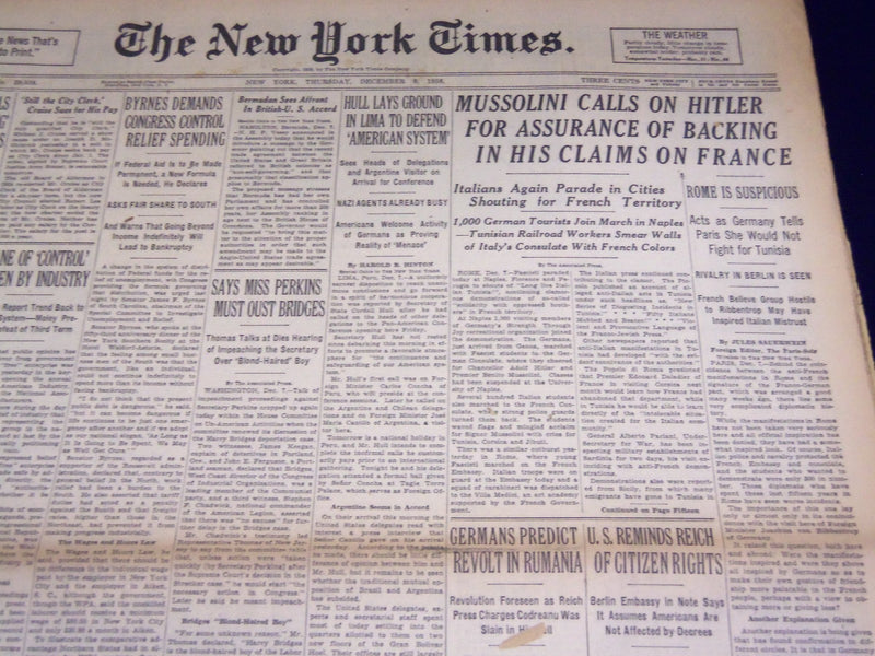 1938 DEC 8 NEW YORK TIMES - MUSSOLINI CALLS ON HITLER FOR BACKING - NT 2468