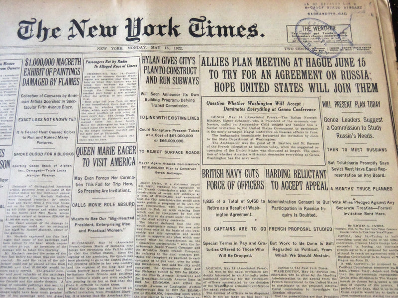 1922 MAY 15 NEW YORK TIMES - ALLIES PLAN MEETING AT HAGUE JUNE 15 - NT 5817