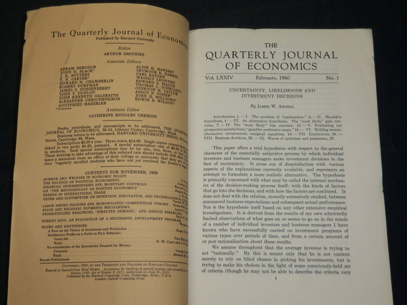 1960 QUARTERLY JOURNAL OF ECONOMICS LOT OF 4 ISSUES - COMPLETE YEAR - WR 336E