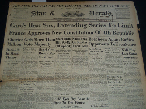 1946 OCTOBER 14 PANAMA STAR & HERALD NEWSPAPER - CARDS BEAT SOX - NT 7537