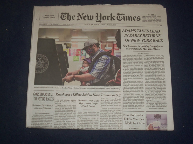 2021 JUNE 23 NEW YORK TIMES - ADAMS TAKES LEAD IN EARLY RETURNS IN NEW YORK RACE