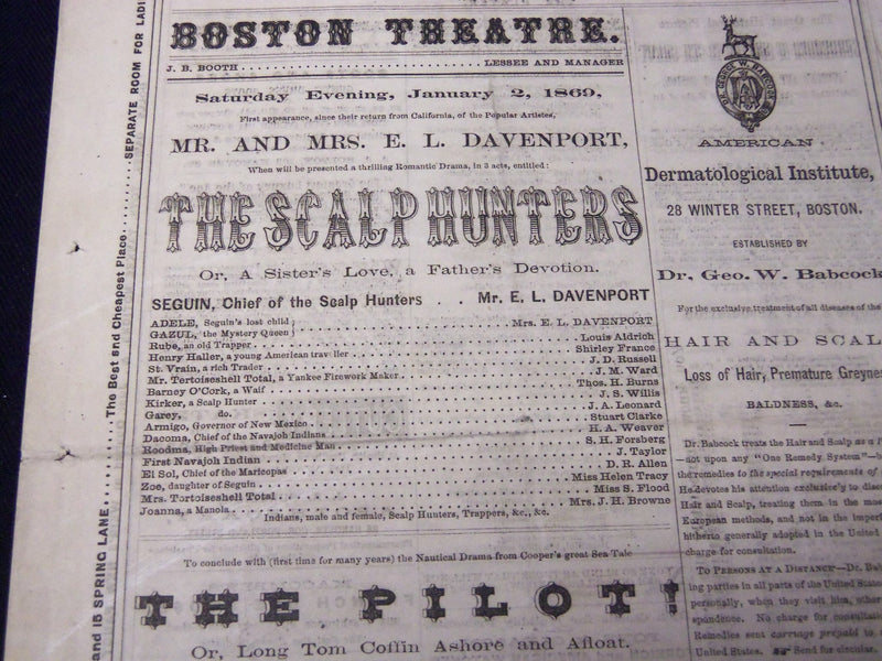 1869 JANUARY 2 BOSTON THEATRE ANNOUNCEMENT - SCALP HUNTERS - DAVENPORT - J 5393