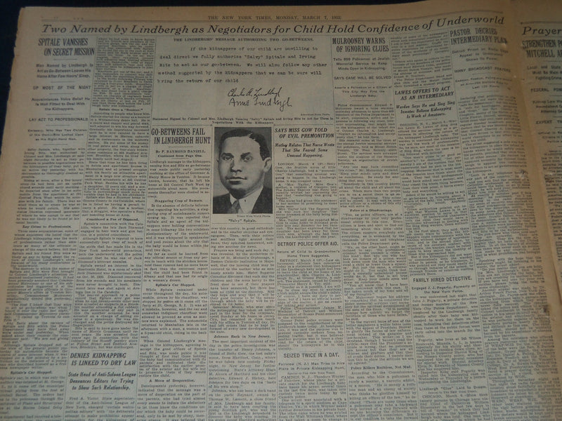 1932 MARCH 7 NEW YORK TIMES - LINDBERGHS FAIL TO REACH KIDNAPPERS - NT 7427