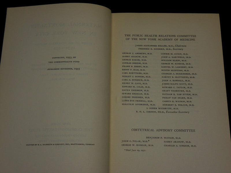 1933 MATERNAL MORTALITY IN NEW YORK CITY BOOK - PUERPERAL DEATHS - KD 2769H