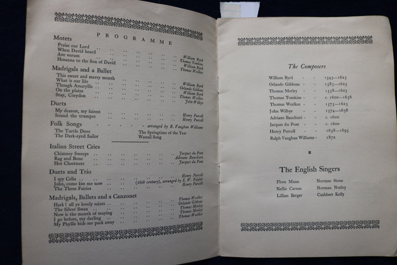 1925 NOVEMBER 3 YALE UNIVERSITY - THE ENGLISH SINGERS - PROGRAM - K 1508
