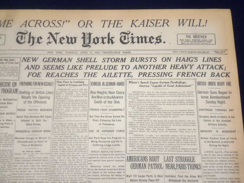 1918 APRIL 9 NEW YORK TIMES - GERMAN SHELL STORM BURSTS ON HAIG'S LINES- NT 8206
