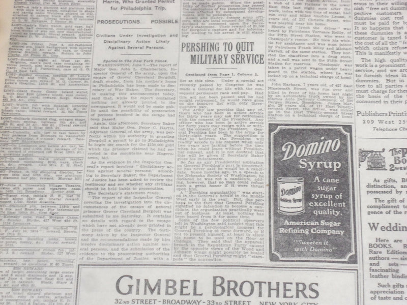 1920 JUNE 8 NEW YORK TIMES - PERSHING TO QUIT MILITARY SERVICE - NT 9108