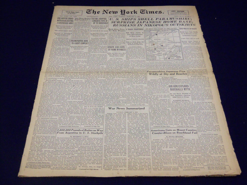 1944 FEBRUARY 8 NEW YORK TIMES - U. S. SHIPS SHELL PARAMUSHIRU - NT 746