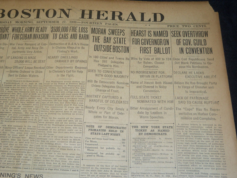 1906 SEPTEMBER 27 THE BOSTON HERALD - HEARST NAMED FOR GOVERNOR - BH 97