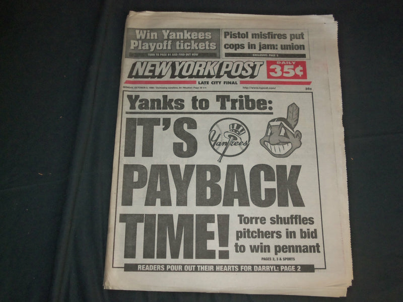 1998 OCTOBER 5 NEW YORK POST NEWSPAPER - YANKEES TRY TO DEFEAT INDIANS- NP 4110