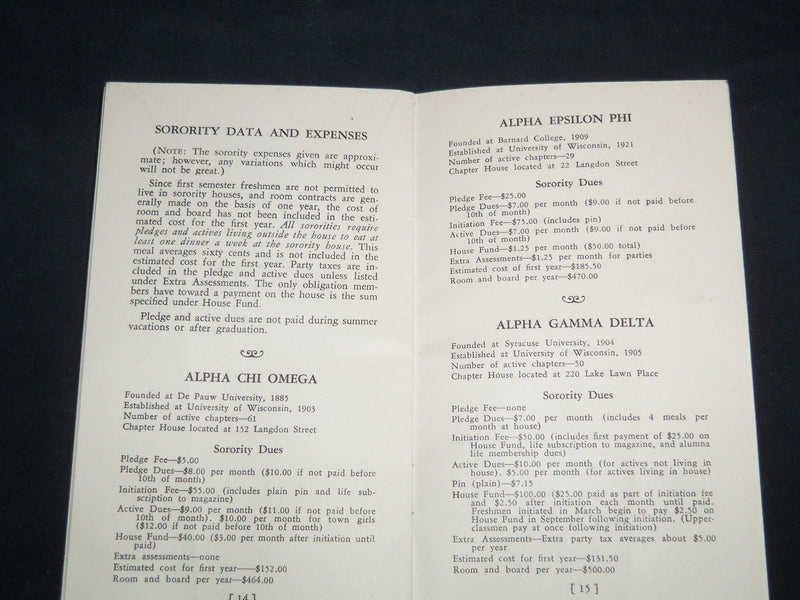 1942-1943 UNIVERSITY OF WISCONSIN SOROITY INFORMATION GUIDE BOOK - J 8652