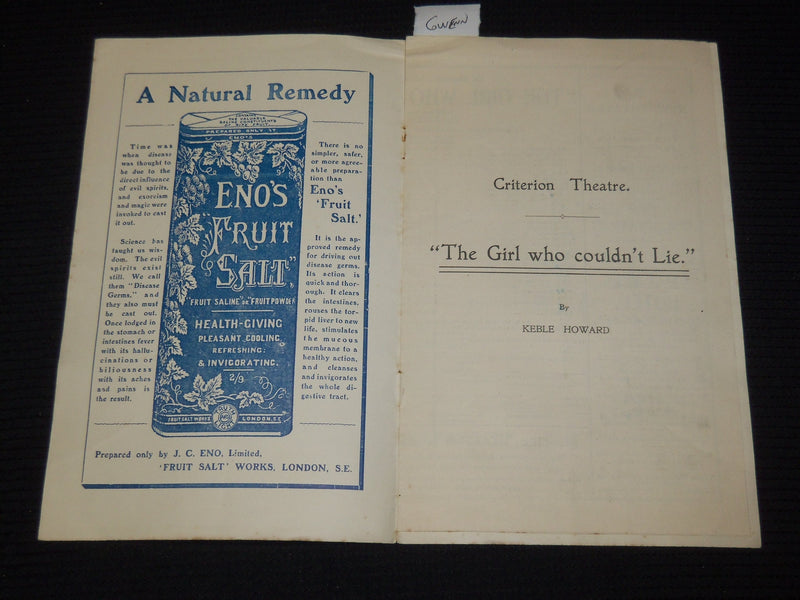 1911 CRITERION THEATRE PROGRAMME - EDMUND GWENN - K 578