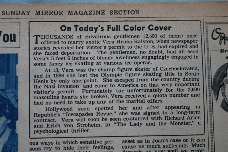 1944 APR 23 SUNDAY MIRROR NEWSPAPER MAGAZINE SECTION-VERA HRUBA RALSTON- NP 9095