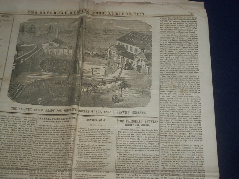1857 APRIL 18 THE SATURDAY EVENING POST NEWSPAPER - THE ATLANTIC CABLE - NP 5055