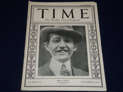 1926 SEPTEMBER 13 TIME MAGAZINE - WILL H. HAYS COVER - T 20