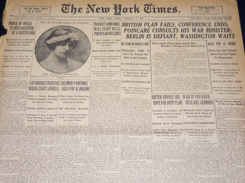 1923 JANUARY 5 NEW YORK TIMES - PRINCE OF WALES TO WED BOWES - LYON - NT 7889