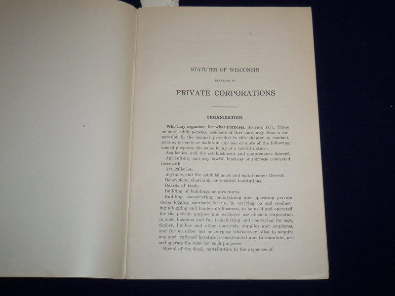 1913 AUGUST STATUTES OF WISCONSIN PRIVATE CORPORATIONS PREPARED BY DONALD- K 511