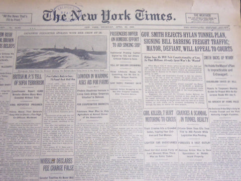 1925 APRIL 23 NEW YORK TIMES - GOV. SMITH REJECTS HYLAN TUNNEL PLAN - NT 5386