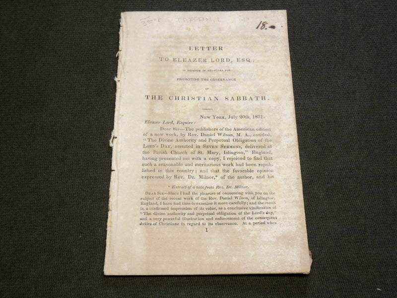 1831 LETTER TO ELEAZER LORD, ESQ - THE CHRISTIAN SABBATH BOOK - J 6212