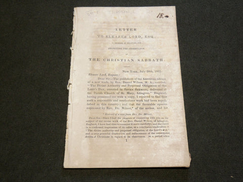 1831 LETTER TO ELEAZER LORD, ESQ - THE CHRISTIAN SABBATH BOOK - J 6212