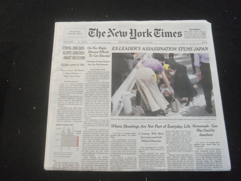 2022 JULY 9 NEW YORK TIMES - EX-LEADER SHINZO ABE'S ASSASSINATION STUNS JAPAN