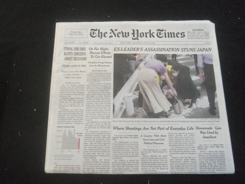 2022 JULY 9 NEW YORK TIMES - EX-LEADER SHINZO ABE'S ASSASSINATION STUNS JAPAN