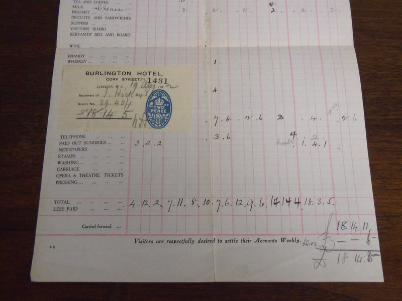 1922 AUGUST THE BURLINGTON HOTEL BILL - CORK STREET PICCADILLY LONDON - K 1118