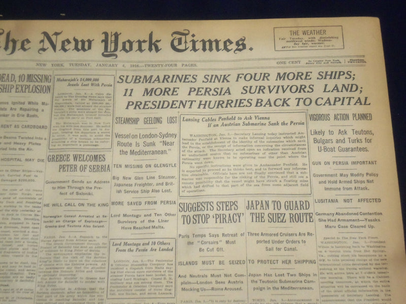 1916 JANUARY 4 NEW YORK TIMES - SUBMARINES SINK FORE MORE SHIPS - NT 9051