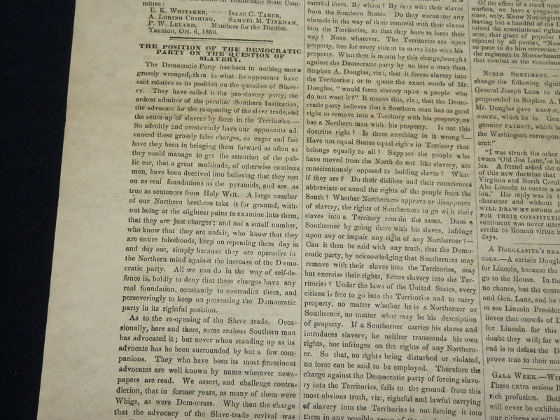 1860 OCTOBER 13 NEW BEDFORD MASS. TIMES NEWSPAPER - LINCOLN - DOUGLAS - NP 4960
