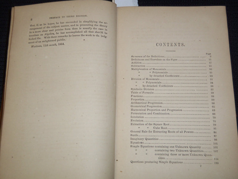 1854 A TREATISE OF ALGEBRA BOOK BY SAMUEL ALSOP - THIRD EDITION - J 8120
