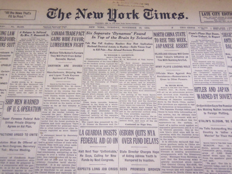 1935 NOV 19 NEW YORK TIMES - SIX SEPARATE DYNAMOS FOUND IN TOP OF BRAIN- NT 1982