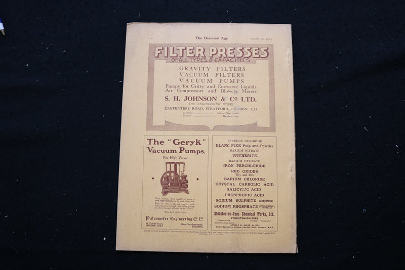 1924 AUGUST 16 THE CHEMICAL AGE MAGAZINE - W.J. FRASER & CO. COVER - SP 4190ZC