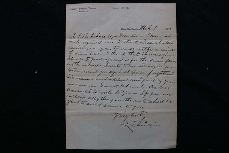 1898 LYMAN TWININ TINGIER LAW OFFICE LETTER - ROCKVILLE, CONNECTICUT - K 2411