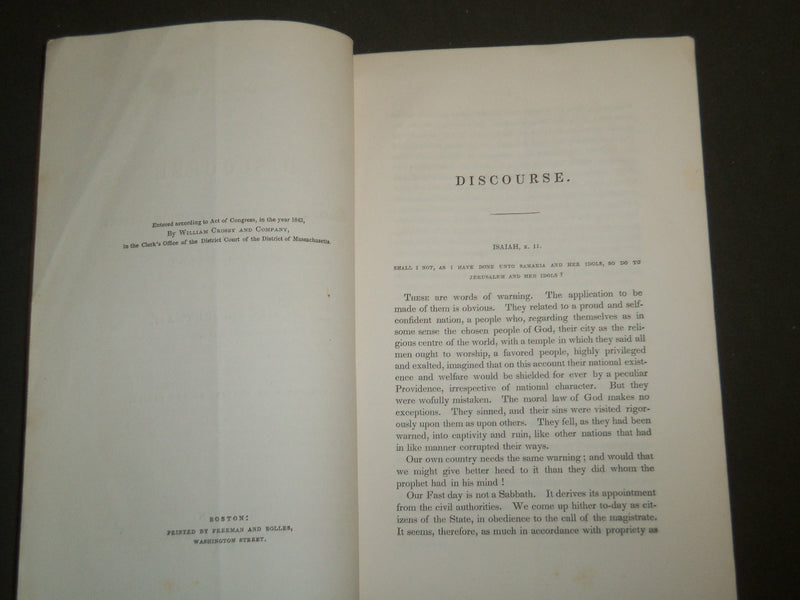 1843 GEORGE PUTNAM'S FAST DAY DISCOURSE BOOK - FIRST CHURCH IN ROXBURY - J 4684