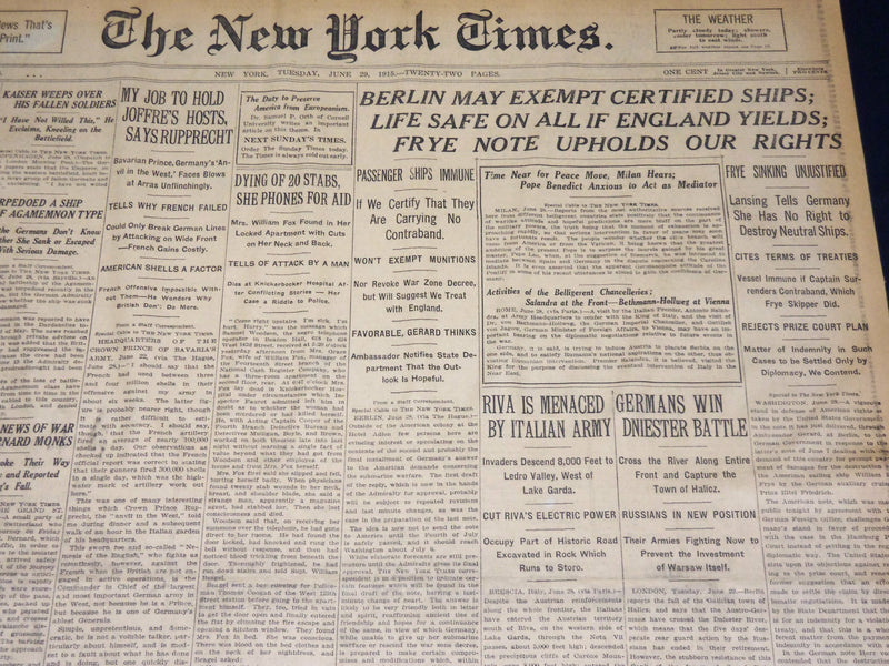 1915 JUNE 29 NEW YORK TIMES - BERLIN MAY EXEMPT CERTIFIED SHIPS - NT 7705