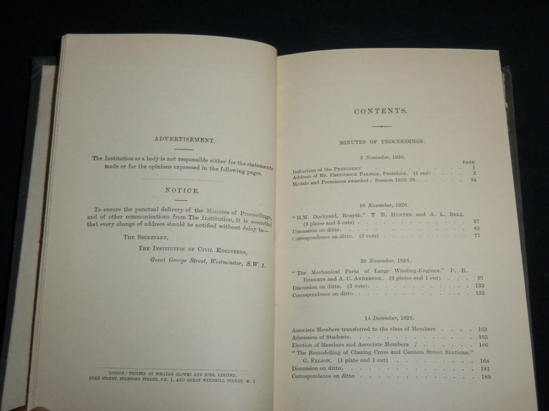 1927 INSTITUTE OF CIVIL ENGINEERS PROCEEDINGS MINUTES VOLUME - KD 6979
