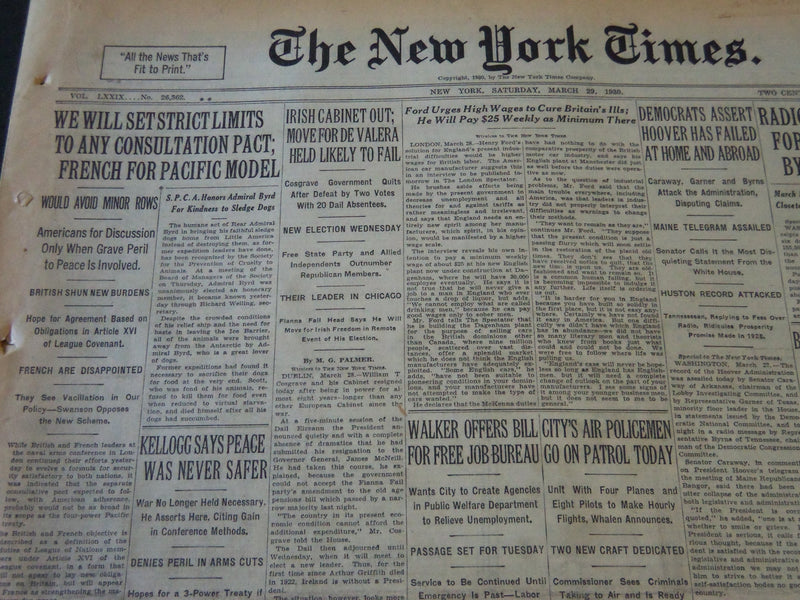 1930 MARCH 29 NEW YORK TIMES - IRISH CABINET OUT MOVE FOR DE VALERA - NT 5691