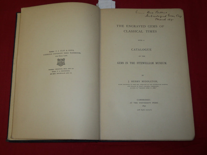 1891 THE ENGRAVED GEMS OF CLASSICAL TIMES BOOK BY J. H. MIDDLETON - KD 5416