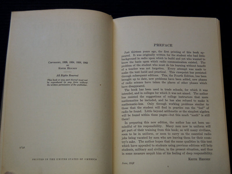 1942 PRINCIPLES OF RADIO HARDCOVER BOOK BY KEITH HENNEY - 4TH EDITION - KD 7669