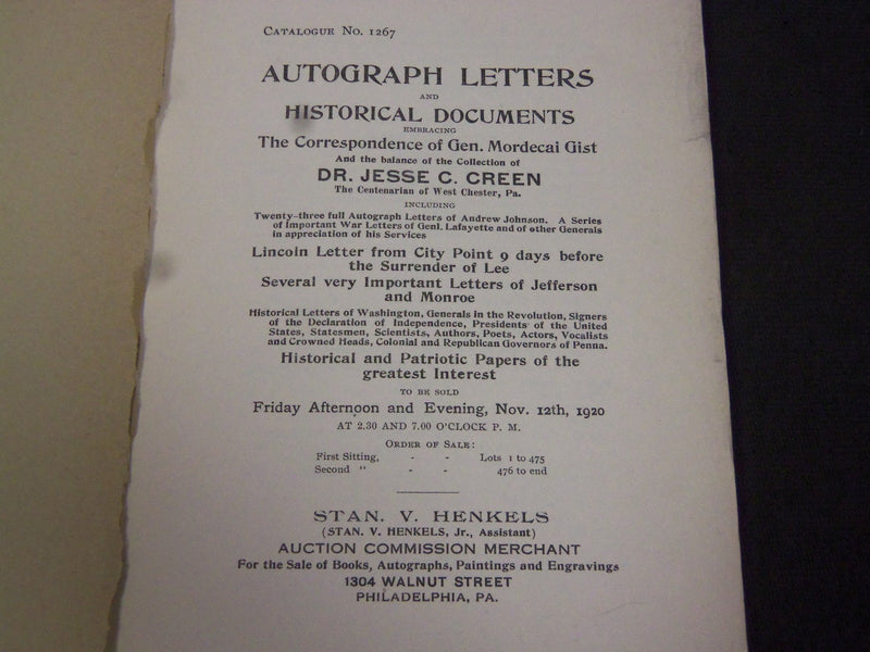 1920 AUTOGRPAH LETTERS OF HISTORICAL INTEREST AUCTION CATALOGUE - J 5210