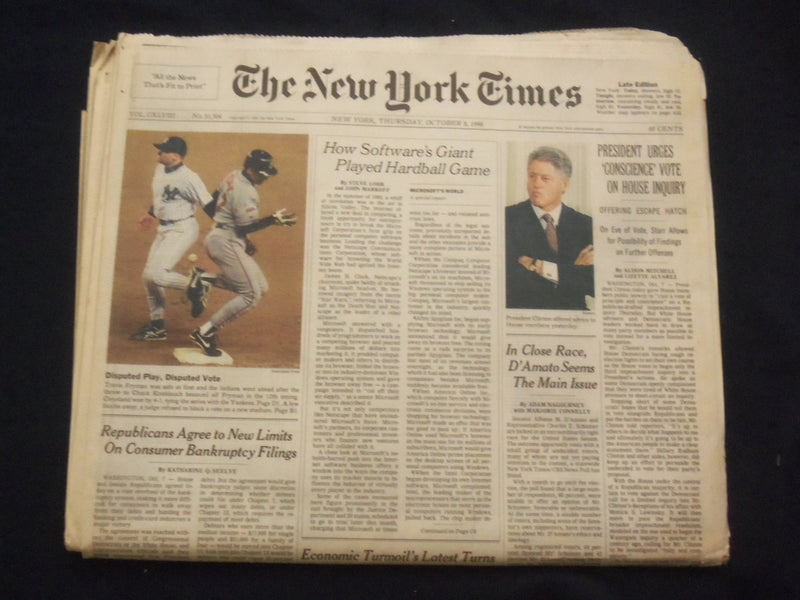1998 OCTOBER 8 NEW YORK TIMES NEWSPAPER -CLINTON URGES CONSCIENCE VOTE - NP 7094