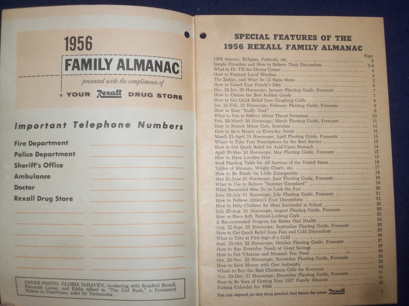 1956 REXALL FAMILY ALMANAC AND MOON BOOK SOFTCOVER -GLORIA DEHAVEN COVER- J 9769