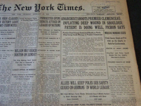 1919 FEBRUARY 20 NEW YORK TIMES - ANARCHIST SHOOTS PREMIER CLEMENCEAU - NT 6497