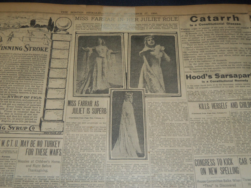 1906 NOVEMBER 27 THE BOSTON HERALD - MISS FARRAR AS JULIET IS SUPERB - BH 124