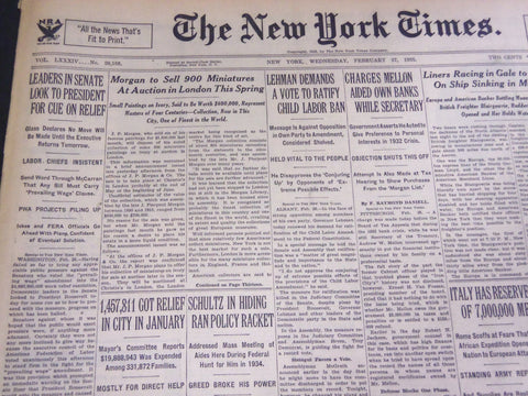 1935 FEB 27 NEW YORK TIMES - MORGAN TO SELL 900 MINIATURES AT AUCTION - NT 4922