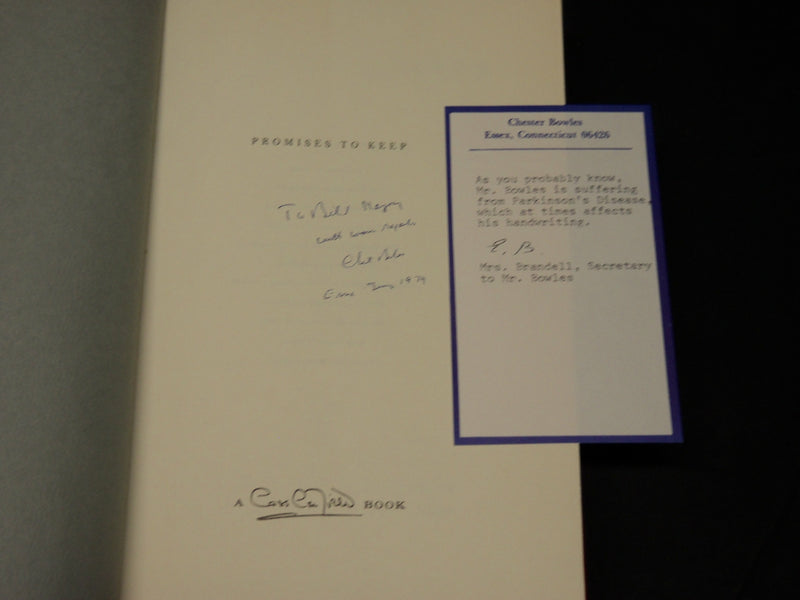 1971 PROMISES TO KEEP BOOK INSCRIBED BY CHESTER BOWLES + NOTE - 1ST EDN - D 481