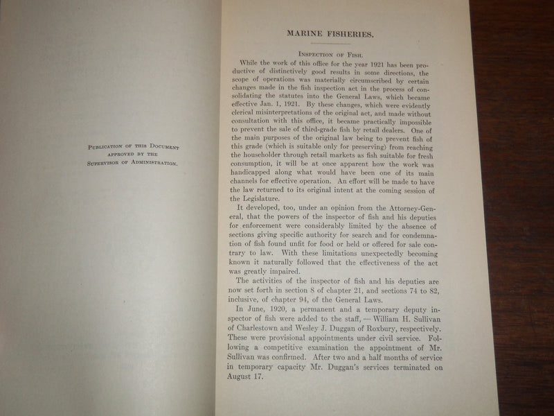 1922 THE MARINE FISHERIES OF MASSACHUSETTS REPORT - DEPT OF CONSERVATION- K 1185