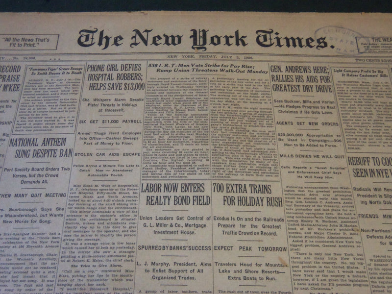 1926 JULY 2 NEW YORK TIMES - 536 I. R. T. MEN VOTE STRIKE FOR PAY RISE - NT 5565
